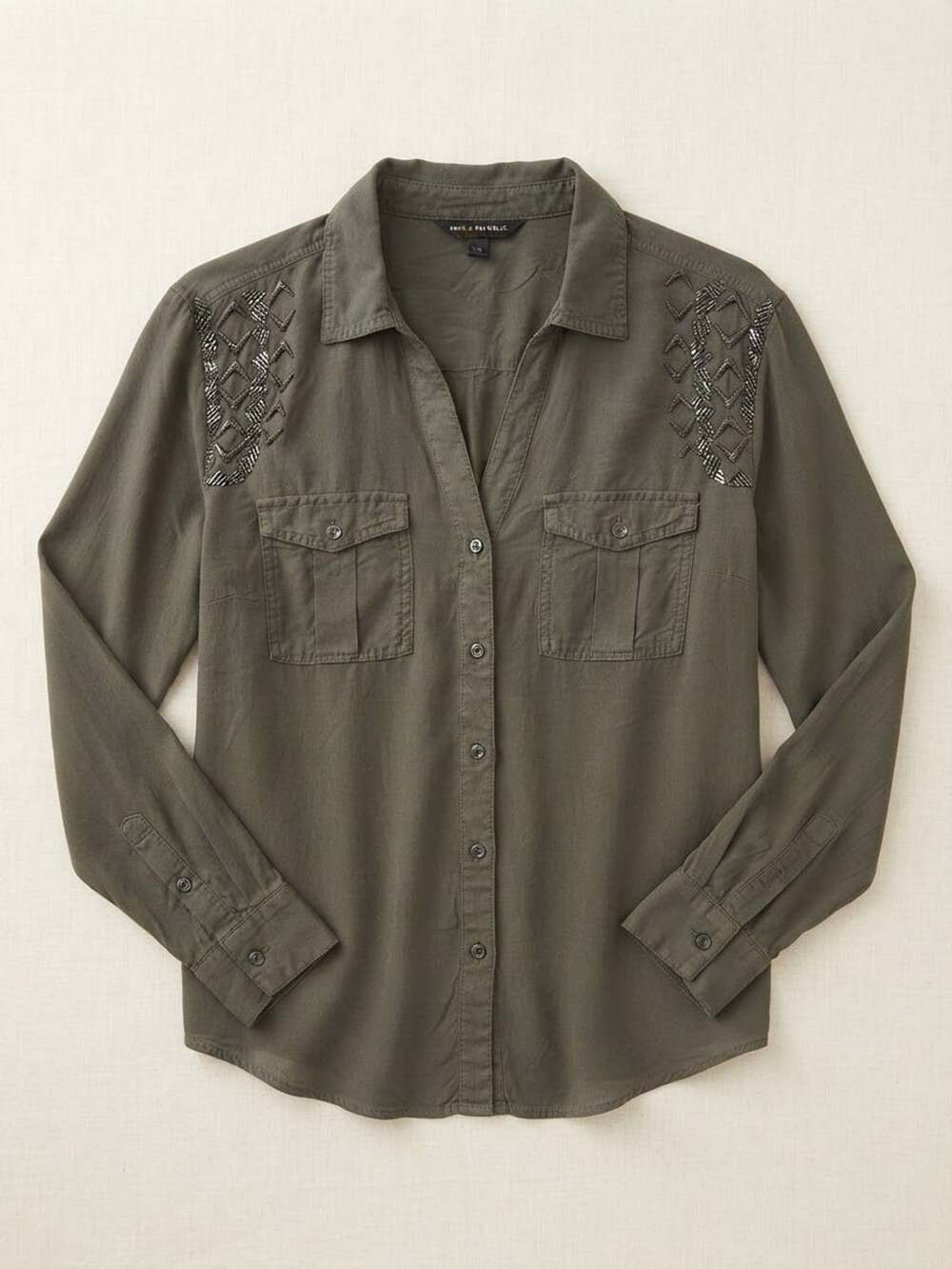 Rock & Republic Beaded Shoulder Button Down Shirt Size S Olive Green
